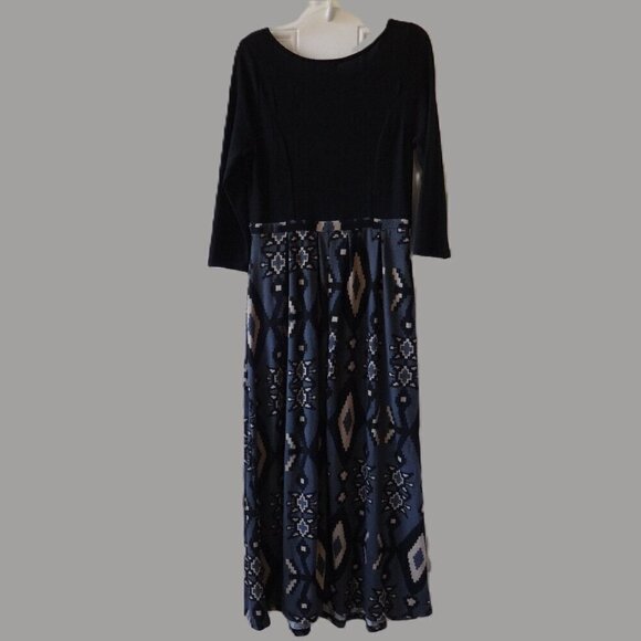 Reborn maxi dress size L, black bodice, grey& cream geometric print on skirt VGC - Picture 2 of 15